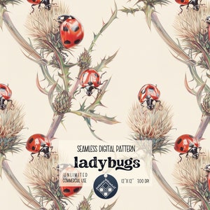 May include: A seamless digital pattern featuring red ladybugs on a white background with green and brown thistle plants. The pattern is 12 inches by 12 inches and 300 DPI. The text "ladybugs" is in a bold, black font.