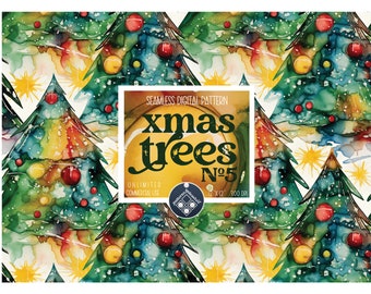 Può includere: Motivo digitale senza cuciture con alberi di Natale dipinti ad acquerello con ornamenti colorati e fiocchi di neve. Il motivo è intitolato "Xmas Trees No. 5" e misura 12 x 12 pollici a 300 DPI. Utilizzo commerciale illimitato.
