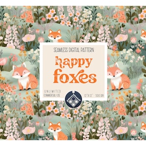 Cute Foxes seamless pattern Unlimited Commercial Use digital print file instant download Sublimation POD watercolor cute children&#39;s repeat