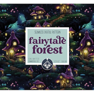Fairytale Forest seamless pattern Unlimited Commercial Use digital print file instant download Sublimation POD mystical magical mushrooms