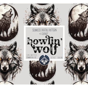 May include: Seamless digital pattern featuring stylized wolves. The design includes a howling wolf silhouette within an oval frame, a wolf's head, and the text "howlin' wolf". The pattern is in shades of gray and brown.