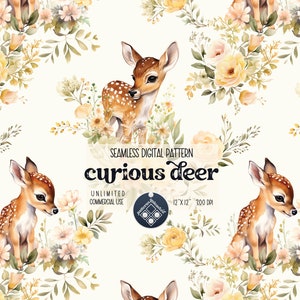 Könnte beinhalten: Ein nahtloses digitales Muster mit einer niedlichen Aquarell-Illustration eines Rehs, umgeben von gelben und rosa Blumen. Das Muster trägt den Titel "curious deer" und ist 12 x 12 Zoll groß bei 300 DPI.