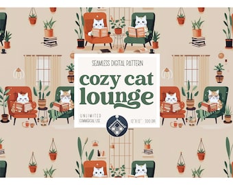 May include: A repeating pattern featuring cartoon cats reading books in cozy armchairs. The design includes potted plants, stacks of books, and the text "Cozy Cat Lounge". The color palette is warm, with shades of orange, green, and beige.