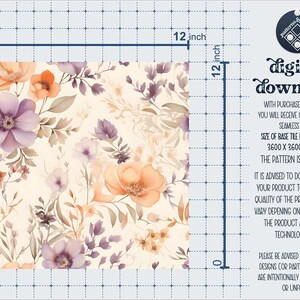 May include: A digital download of a seamless floral pattern featuring purple and orange flowers on a cream background. The pattern is 12 inches by 12 inches and 3600 pixels by 3600 pixels.