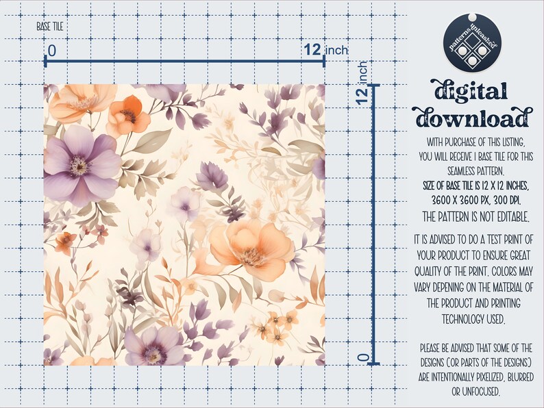 May include: A digital download of a seamless floral pattern featuring purple and orange flowers on a cream background. The pattern is 12 inches by 12 inches and 3600 pixels by 3600 pixels.