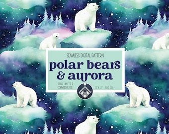 Polar Bears & aurora seamless pattern Unlimited Commercial Use digital print file instant download Sublimation POD watercolor baby file