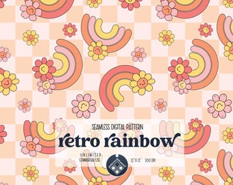 May include: A seamless digital pattern featuring retro rainbows and smiling flowers on a checkered background. The pattern is called "retro rainbow" and is available for unlimited commercial use. The pattern is 12 inches by 12 inches and 300 DPI.
