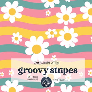 Groovy Stripes seamless pattern Unlimited Commercial Use digital print file instant download file for printing on fabric retro daisies