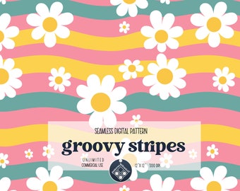 Groovy Stripes seamless pattern Unlimited Commercial Use digital print file instant download file for printing on fabric retro daisies