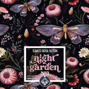Night Garden seamless pattern Unlimited Commercial Use digital print file instant download Sublimation POD mystical moth magic witchy floral