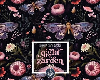 Night Garden seamless pattern Unlimited Commercial Use digital print file instant download Sublimation POD mystical moth magic witchy floral
