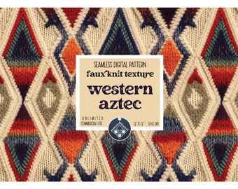 May include: A seamless digital pattern featuring a faux knit texture in a western aztec design. The pattern is in shades of red, orange, blue, green, and white. The pattern is 12 inches by 12 inches and 300 DPI.