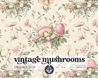 Vintage Mushrooms seamless pattern Unlimited Commercial Use digital print file instant download Boho Cottagecore sage pink Floral