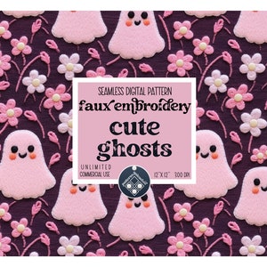Ghosts Halloween Faux Embroidery seamless pattern Unlimited Commercial Use instant download cute design