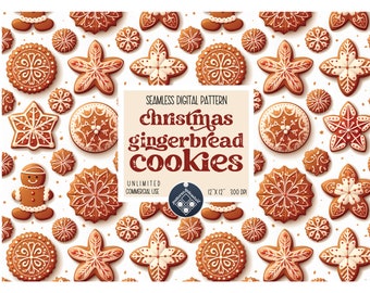 May include: A seamless digital pattern featuring gingerbread cookies in various shapes, including stars, snowflakes, and round cookies with intricate designs. The cookies are decorated with white icing and have a brown gingerbread color. The pattern is on a white background and includes the text "Christmas gingerbread cookies" in a red and white font.