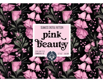 Pink Flowers on Black seamless pattern Unlimited Commercial Use digital print file instant download Sublimation POD beautiful gentle floral