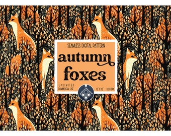 Foxes in autumn seamless pattern Unlimited Commercial Use digital print file instant download Sublimation POD beautiful orange fall pattern