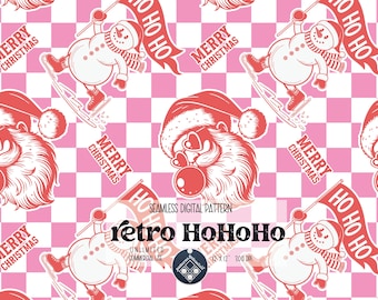 May include: A seamless digital pattern featuring a pink and white checkered background with illustrations of Santa Claus, a snowman, and the text "Merry Christmas" and "Ho Ho Ho".