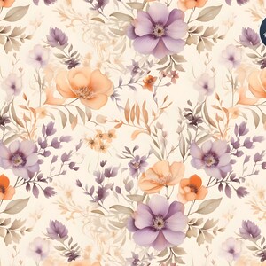 May include: A seamless pattern featuring watercolor illustrations of purple and orange flowers with brown stems and leaves on a cream background.