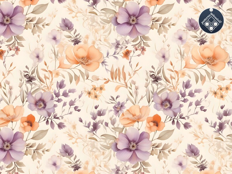 May include: A seamless pattern featuring watercolor illustrations of purple and orange flowers with brown stems and leaves on a cream background.