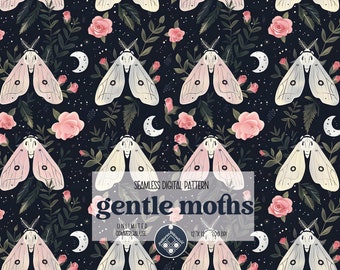 May include: A seamless digital pattern featuring delicate moths with pink and white wings, surrounded by pink roses and crescent moons on a dark blue background. The text "gentle moths" is displayed in a white banner.