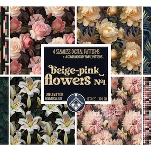Pink Beige Flowers on Dark Seamless Pattern Set Unlimited Commercial ...