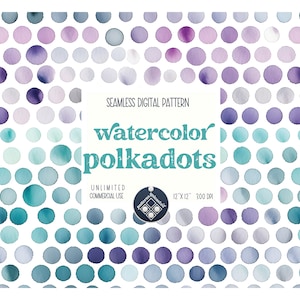 Op de afbeelding: Naadloze digitale print met aquarel stippen in tinten blauw, paars en grijs op een witte achtergrond. Het patroon is 12 inch bij 12 inch en 300 DPI. De tekst "watercolor polkadots" is in turquoise.