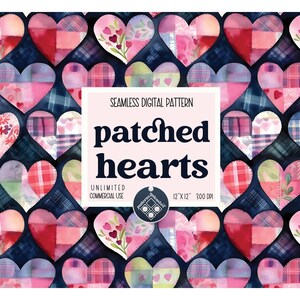 May include: A seamless digital pattern featuring a patchwork of hearts in various shades of pink, red, and blue. The hearts are arranged in a repeating pattern on a dark blue background. The text "patched hearts" is displayed in a white box.