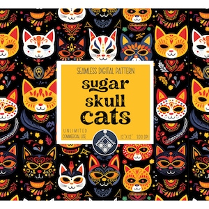 猫の死者の日のシームレスなパターン無制限の商用利用デジタルプリントファイル即時ダウンロード昇華PODシュガースカル