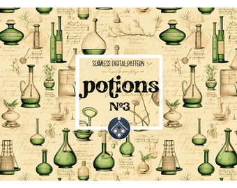 May include: A seamless digital pattern featuring various green glass bottles and jars filled with potions. The background is a vintage-style parchment with handwritten notes and botanical illustrations. The text "Potions No. 3" is prominently displayed in the center.