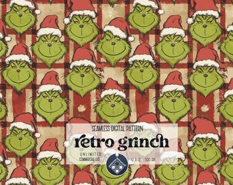 May include: A seamless digital pattern featuring a repeating design of the Grinch wearing a Santa hat on a red and white checkered background. The text "retro grinch" is displayed in a vintage style font.