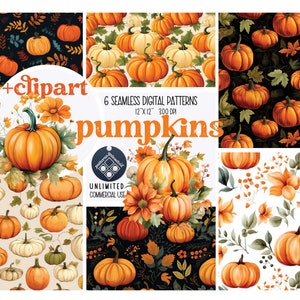 Pacchetto di clipart e pattern senza giunture di carta digitale del Ringraziamento delle zucche Download immediato illimitato per uso commerciale Tessuto autunnale per sublimazione