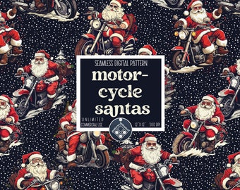 May include: Seamless digital pattern featuring Santa Claus riding motorcycles in a repeating design. The Santas are dressed in red suits and hats, with white beards, riding red and silver motorcycles against a dark blue background with white snowflakes.
