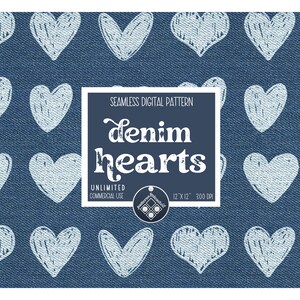 Puede incluir: Patrón digital sin costuras con corazones blancos dibujados a mano sobre un fondo azul denim. El diseño incluye el texto "Denim Hearts" y "Unlimited Commercial Use". El patrón mide 30,48 cm x 30,48 cm a 300 DPI.