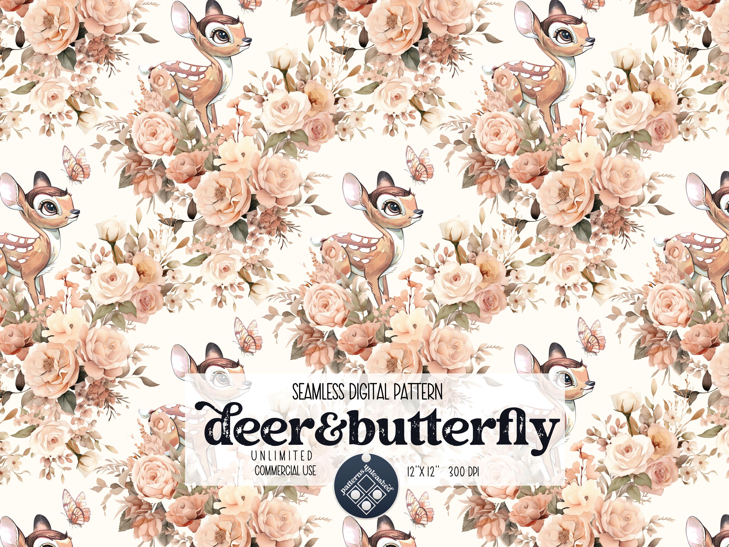 Deer & Butterfly seamless pattern Unlimited Commercial Use digital print file instant download Sublimation POD PNG for printing in fabric