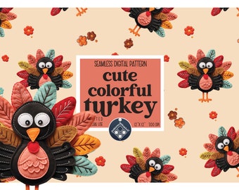 May include: A seamless digital pattern featuring repeating illustrations of cute, colorful turkeys with vibrant feathers and small floral accents. The turkeys have black bodies, orange beaks, and large eyes. The background is a light peach color.