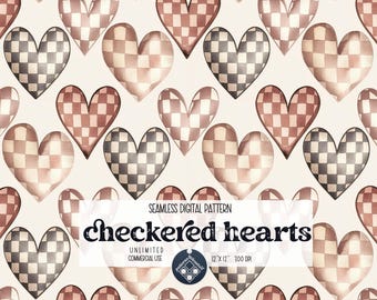Checkered Hearts Digital Seamless Pattern Unlimited Commercial Use print file instant download file for printing on fabric Boho Valentines