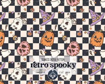 Puede incluir: Un patrón digital sin costuras con un tema retro espeluznante. El patrón incluye una variedad de iconos de Halloween, como calabazas, fantasmas, calaveras, maíz dulce y sombreros de bruja. Los iconos están dispuestos sobre un fondo a cuadros blanco y negro.
