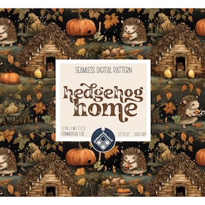Puede incluir: Un patrón digital sin costuras que presenta erizos en un entorno boscoso. El patrón incluye erizos que sostienen calabazas, pequeñas casas y hojas de otoño. El texto "hedgehog home" aparece en el centro del patrón. El patrón mide 30,5 cm por 30,5 cm y 300 DPI.