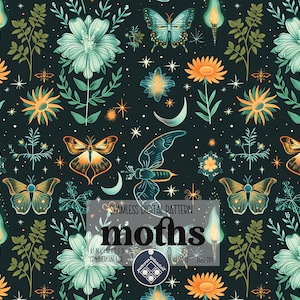 Moths seamless pattern Unlimited Commercial Use digital print file instant download Sublimation POD mystical Night Garden Teal