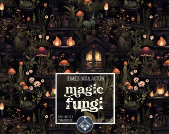 May include: A seamless digital pattern featuring a dark background with glowing lanterns, mushrooms, and plants. The text "magic fungi" is displayed in a vintage style font.