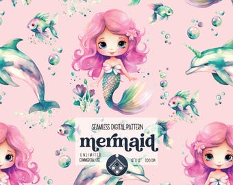 May include: Seamless digital pattern featuring a pink mermaid with a green tail, surrounded by dolphins, fish, and bubbles on a pink background. The text "mermaid" is written in a decorative font.