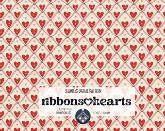 May include: A seamless digital pattern featuring a repeating design of red hearts intertwined with pink ribbons on a cream background. The pattern is titled "Ribbons & Hearts" and includes the text "Unlimited Commercial Use" and "12" x 12" 300 DPI".