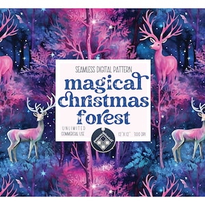 Puede incluir: Un patrón digital sin costuras que presenta un bosque mágico de Navidad con árboles rosas y azules, estrellas y ciervos blancos. El texto "magical Christmas forest" está en el centro de la imagen.