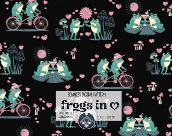 Frogs in love Digital Seamless Pattern Unlimited Commercial Use print file instant download file for printing on fabric Retro Valentines