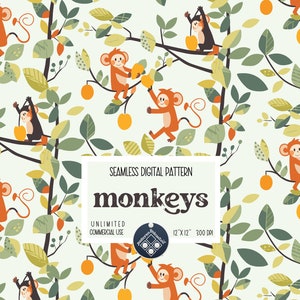 May include: A seamless digital pattern featuring monkeys swinging on branches with green leaves and orange fruit. The pattern is titled "monkeys" and is 12 x 12 inches at 300 DPI. It is for unlimited commercial use.