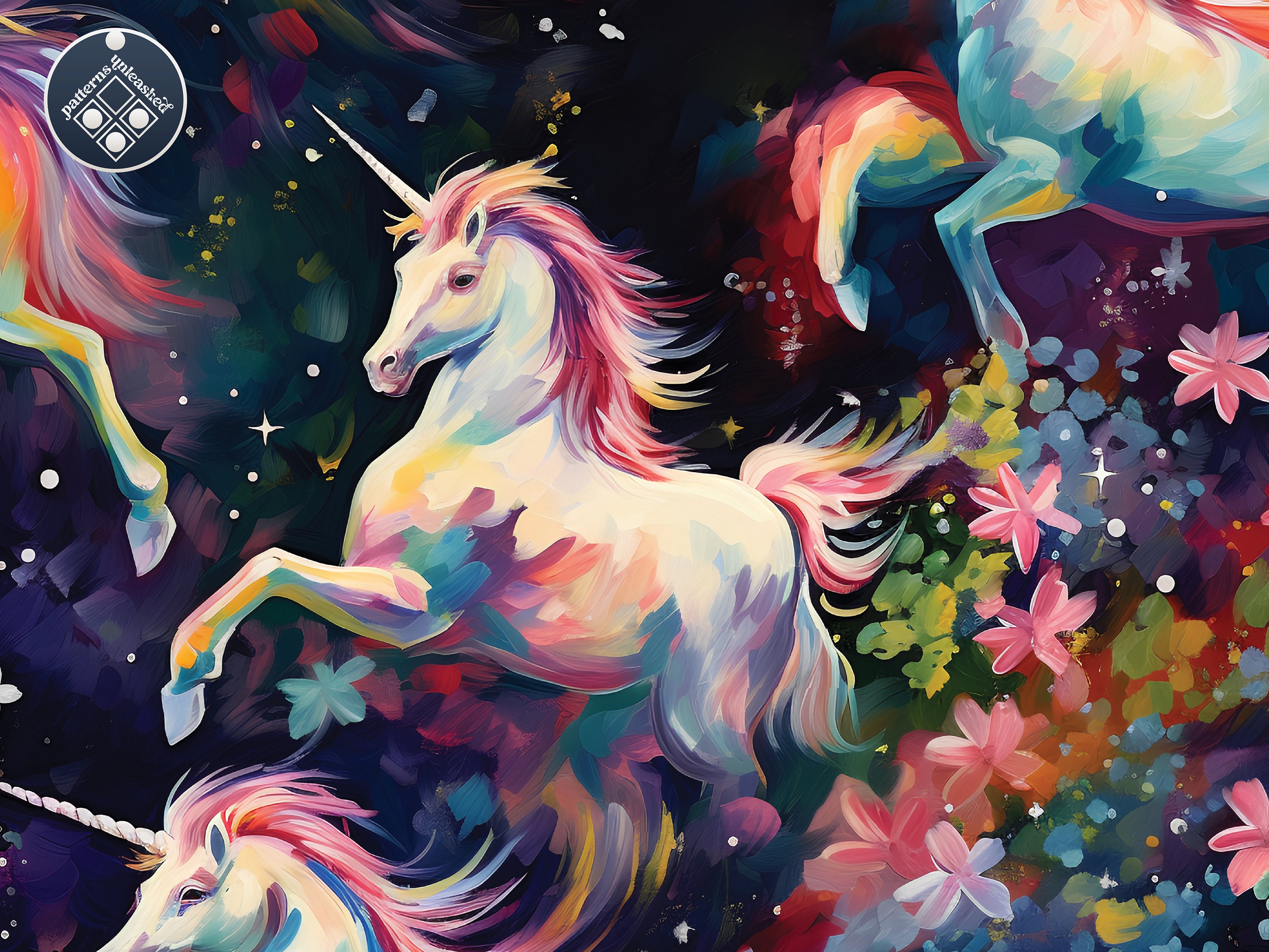 Unicorns and Flowers on Dark Digital Paper Seamless Pattern - Etsy