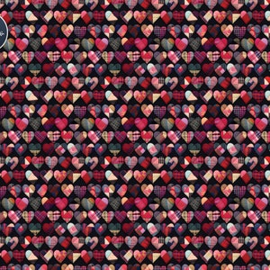May include: A seamless pattern of patchwork hearts in various shades of red, pink, and blue on a black background.