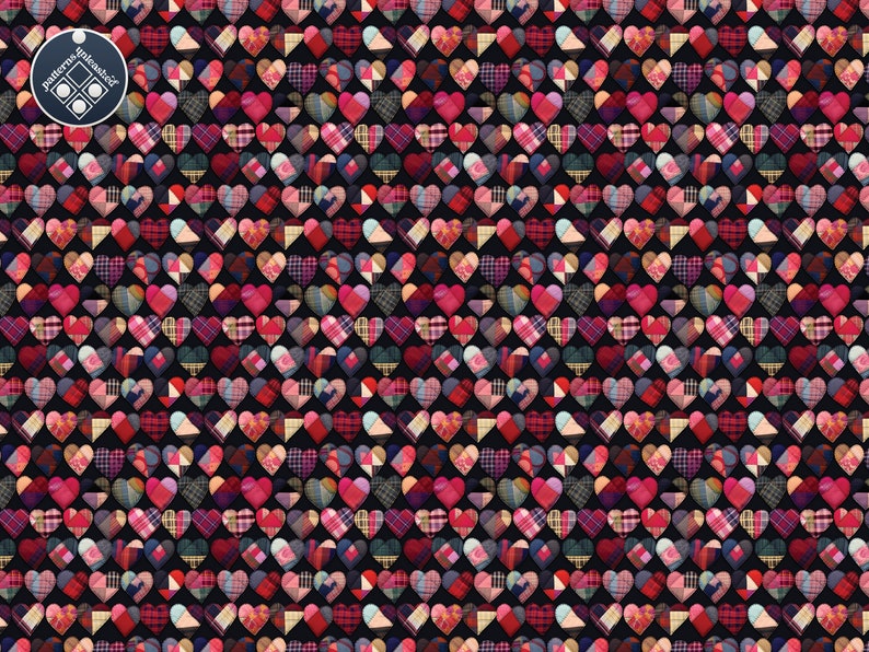 May include: A seamless pattern of patchwork hearts in various shades of red, pink, and blue on a black background.