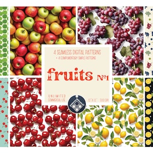 Puede incluir: Una descarga digital de 8 patrones sin costuras con diferentes frutas, incluyendo manzanas, uvas, cerezas, limones y limas. Los patrones están en una variedad de colores y estilos, y son perfectos para usar en manualidades, scrapbooking y otros proyectos creativos. El texto en la imagen dice "4 patrones digitales sin costuras + 4 patrones simples complementarios Frutas Nº1 Uso comercial ilimitado 12" x 12" 300 DPI".